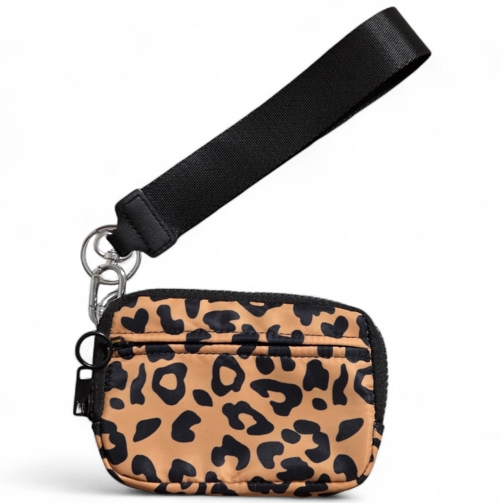 Leopard Print Wristlet Bag with Black Strap